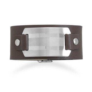 Men's Wide Saddle Brown Leather Bracelet with 316L Stainless Steel ID Plate Jewelry