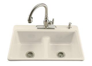 Kohler K 5838 4 47 Deerfield Smart Divide Self Rimming Kitchen Sink with Double Equal Basins and Four Hole Faucet Drilling, Almond    