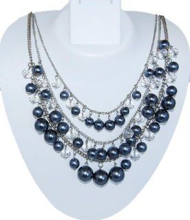 Multi string Grey pearl and clear crystal Short Fusion Necklace Jewelry
