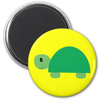 Smiling green cartoon turtle round yellow magnet