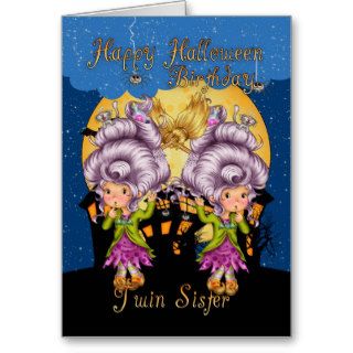 twin sister birthday halloween card with cute witc