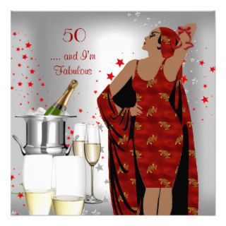 50th Birthday Party Retro Diva Art Deco Red Silver Personalized Announcement