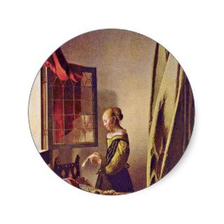 Girl Reading A Letter At An Open Window,  By Verme Round Sticker