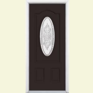 Masonite New Haven Three Quarter Oval Lite Painted Smooth Fiberglass Entry Door with Brickmold 42585