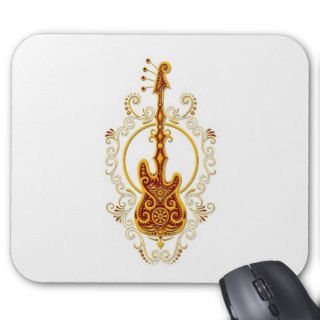 Intricate Golden Red Bass Guitar Design on White Mousepads