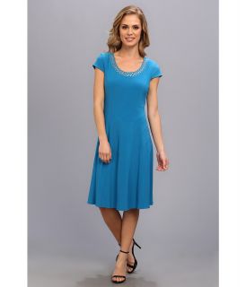 Anne Klein Jersey Embellished Neck Asymmetric Dress Womens Dress (Blue)