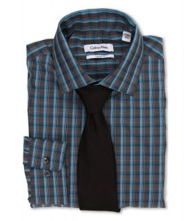 Calvin Klein Regular Fit L/S Plaid Dress Shirt Mens Long Sleeve Button Up (Blue)
