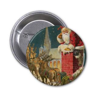 old world santa in chimney with sleigh button