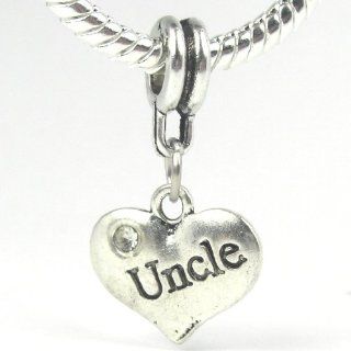 " Uncle Heart Dangle w/ 2 Clear Swarovski " Charm for Pandora Chamilia Kay's Troll European Story Charm Bracelets Jewelry