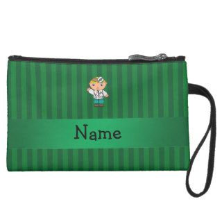 Personalized name doctor green stripes wristlet purse