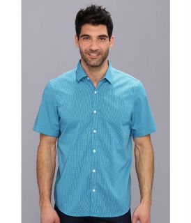 Perry Ellis Slim Fit Gingham Pattern Shirt Mens Short Sleeve Button Up (Blue)