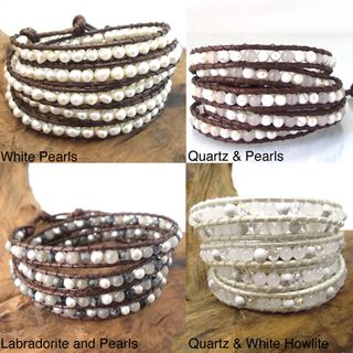 Natural Gemstone Snake Cord Leather 5 Wrap Bracelet (Thailand) Bracelets