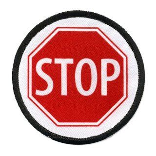 SERVICE DOG Red STOP SIGN Symbol 4 inch Black Rim Round Sew on Patch 