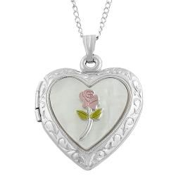 Rhodium plated Silver Mother of Pearl Heart & Rose Locket Necklace Lockets Necklaces