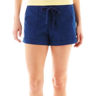 Cuffed Poplin Drawstring Shorts, Blue, Womens