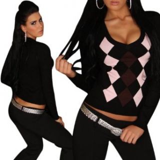 D121 Sexy Pullover mit V Ausschnitt im Karolook V Neck Strickpullover (S/M (34 36), schwarz) Bekleidung