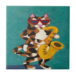 Calico Cat on Saxophone Ceramic Tile