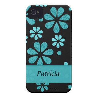 Personalized Teal  Retro Flowers On Black iPhone 4 Case Mate Cases