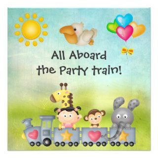 Cute Animals & Girl in Train Birthday Party Announcements
