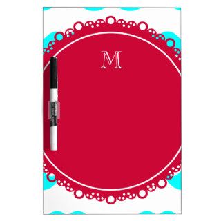 Aqua Blue Mustache Pattern, Red White Monogram Dry Erase Whiteboard