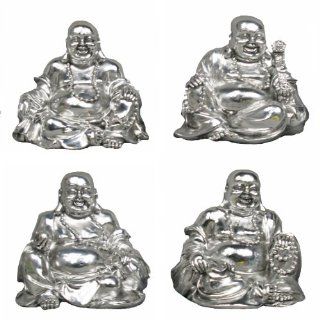 Glücksbuddha/Happy Buddha 4er Set sitzend silber 8 cm lachender Buddhafigur aus Polyresin Feng Shui Glücksbringer Deko Figur Küche & Haushalt