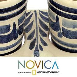 Set of 2 Majolica Ceramic 'Blue Agave' Tequila Glasses (Mexico) Novica Glassware