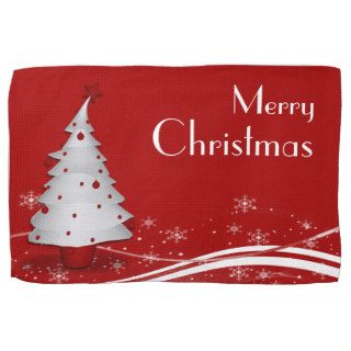 Red Background & White Tree Christmas Hand Towels