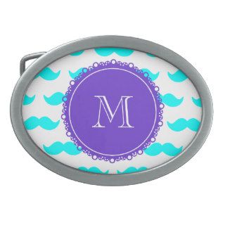Aqua Blue Mustache Pattern, Purple White Monogram Oval Belt Buckles