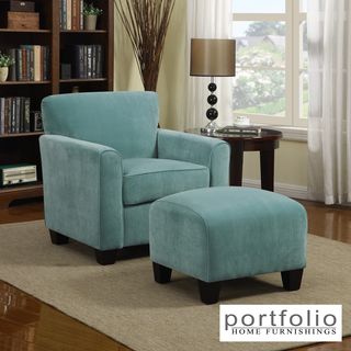 Portfolio Park Avenue Turquoise Blue Velvet Arm Chair and Ottoman PORTFOLIO Chairs
