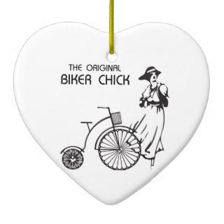 The original biker chick, vintage bike and female christmas ornament