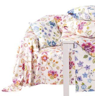 Dekotuch / Sofaüberwurf in 180x270 cm mit schönem Blumen Muster in pink und blau Küche & Haushalt