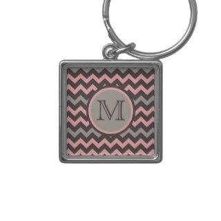 Pink and Brown Chevron with Initial Key Chain