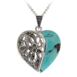 Glitzy Rocks Silver Turquoise and Marcasite Heart Locket Necklace Glitzy Rocks Gemstone Necklaces