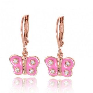 Kids Earrings   Sterling Silver 14k Rose Gold Plated Pink Enamel Cz Butterfly Secure Leverback Earrings Dangle Earrings Jewelry