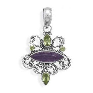 73872 Multistone Ornate Pendant Pendant and Slides Face Head Girl Woman Lady Metal Sterling Siliver 0.925