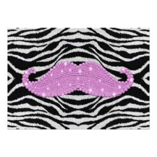 Zebra Stripes And Pink Bling Mustache Custom Invite