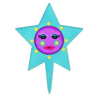Cute Fantasy Purple Moon Face Stars Cake Toppers