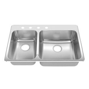 American Standard Prevoir Top Mount Brushed Stainless Steel 33.375x22x8 in. 4 Hole Double Combo Small Lft Bowl Kitchen Sink DISCONTINUED 17CL.332284.073