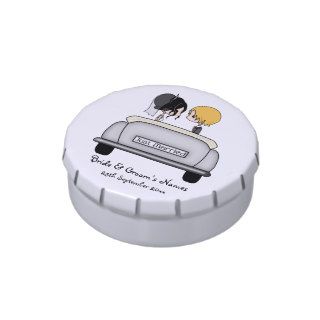 Black Haired Bride & Blonde Groom in Grey Car Candy Tin