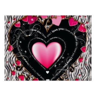 I Love You Valentine Hearts & Zebra Stripes Poster