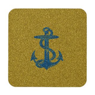 anchor on blue and gold glitter effect drink coaster