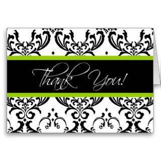 Black and White Damask Thank You Cards Green