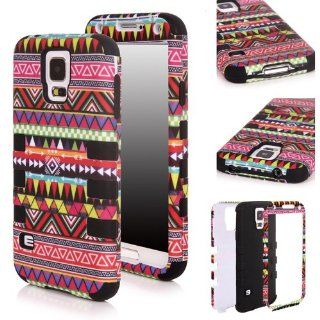 Matek(TM) For Samsung Galaxy S5 SV i9600 G900 Fashional Printed Hard Soft High Impact Hybrid Armor Defender Combo Case (Indian tribes Black ) with 1 Screen Protector, 1 Matek Wristband and 1 Microfiber Cleaner