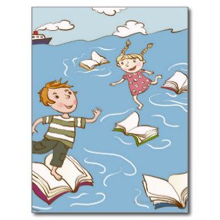 Two children hopping across floating books in post card