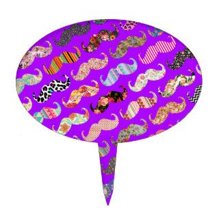 Funny Trendy Purple Neon Floral Aztec Mustaches Cake Pick