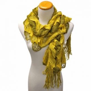 Luxury Divas Mustard Yellow Two Tone Layered Ruffle Knit Fringed Scarf Wrap