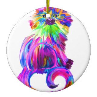 Finger painted colorful cat christmas tree ornament