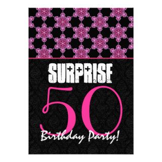 Surprise 50th Birthday Party Pink and Black Floral Personalized Invitations