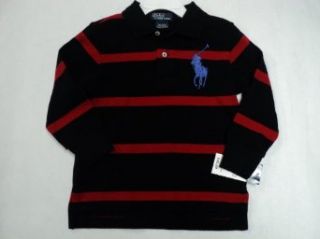 Polo Ralph Lauren Boys Striped Big Pony Polo 2/2T Black with Red Stripes Infant And Toddler Polo Shirts Clothing