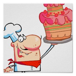 funny cartoon chef holding cake posters